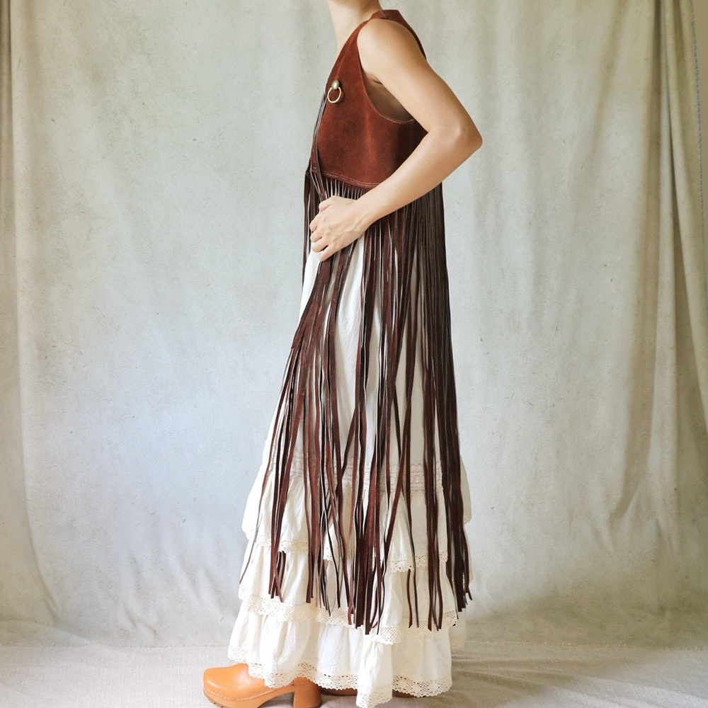 SOLD Vtg Late 60s Maxi Duster Length Fringe Leather Vest in Dark Chestnut